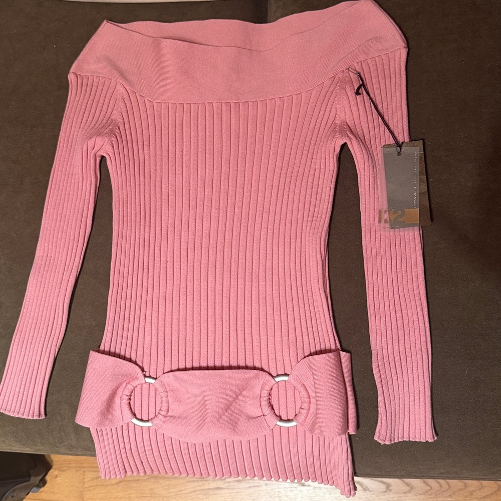 Pink Off-Shoulder Italian Ribbed Sweater